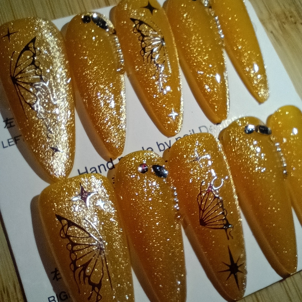Yellow Cat Eye Super Shimmery Butterfly Stilleto Nail Set